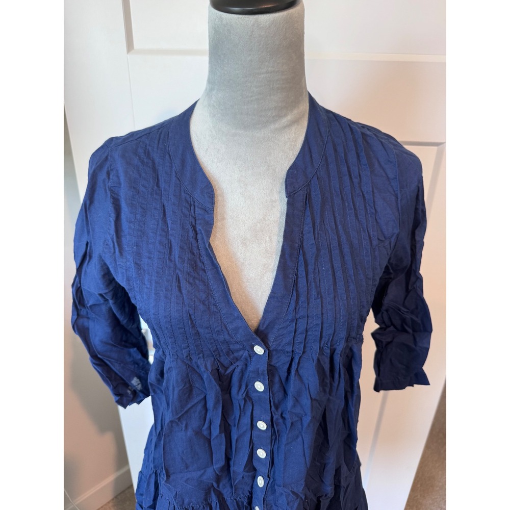 J.Crew Re-Imagined Navy Blue Pintuck Tiered Ruffle Cotton Tunic Top XS - Picture 2 of 6